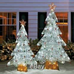 Set Of 2 Led Lighted Pre Lit Snowy White Christmas Trees Outdoor Yard Decor