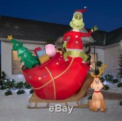 12' COLOSSAL GRINCH AND MAX ON SLEIGH Christmas Lighted Airblown Inflatable