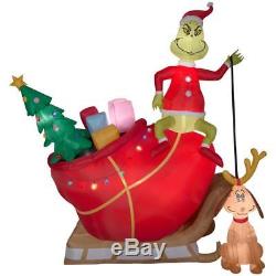 12 FT GRINCH AND MAX IN SLEIGH Airblown Lighted Yard Inflatable New
