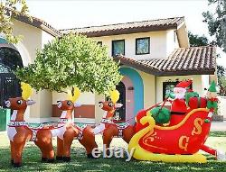 12 FT Length Christmas Inflatable Santa Sit on Sleigh with 3 Reindeer Pulling