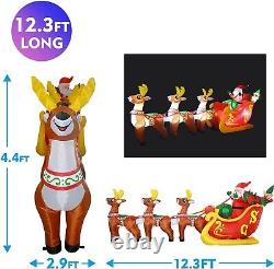 12 FT Length Christmas Inflatable Santa Sit on Sleigh with 3 Reindeer Pulling