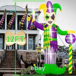 12 FT Mardi Gras Inflatable Decoration, Large Jester Inflatables with Mask Holdi