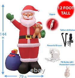 12 Foot Tall Huge Christmas Inflatable Santa Claus with Gift Bag and Bear Lights