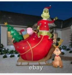 12 Ft COLOSSAL GRINCH AND MAX ON SLEIGH Airblown Lighted Yard Inflatable