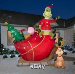12 Ft COLOSSAL GRINCH AND MAX ON SLEIGH Airblown Lighted Yard Inflatable SLED