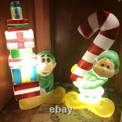 2 VTG Empire Christmas Elf Blow Molds Candy Cane & Presents Gifts Lighted Works
