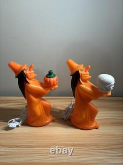 2 Vintage Halloween Blow Mold Tico Witch Holding Small Skull And Pumpkin 13