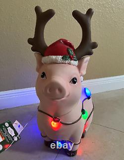 25 LED Light Up Blow Mold Pig with Antlers & String Lights Christmas Decor NEW