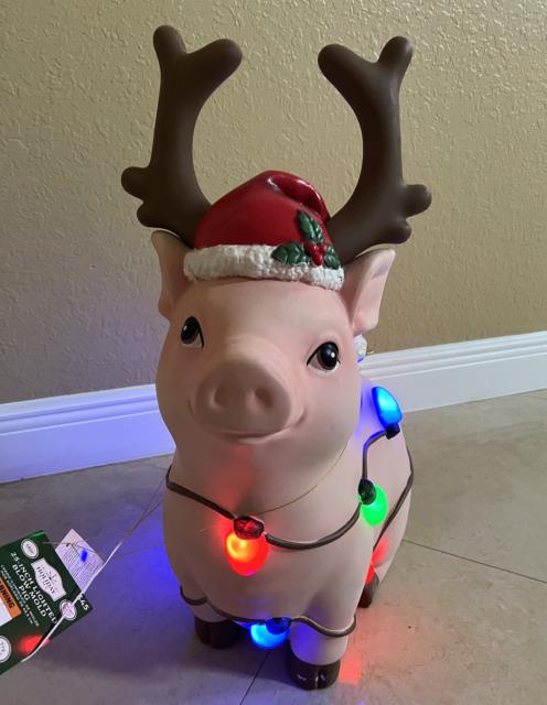 25 Led Light Up Blow Mold Pig With Antlers & String Lights Christmas Decor New