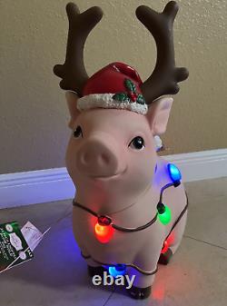 25 LED Light Up Blow Mold Pig with Antlers & String Lights Christmas Decor NEW