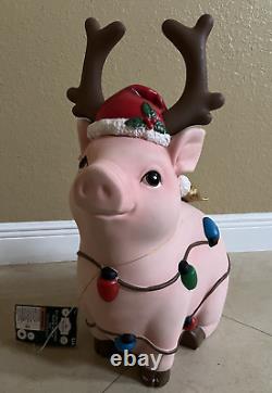 25 LED Light Up Blow Mold Pig with Antlers & String Lights Christmas Decor NEW