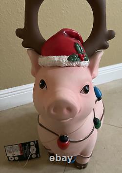 25 LED Light Up Blow Mold Pig with Antlers & String Lights Christmas Decor NEW