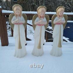 3 Vintage Blow Mold Angels with Trumpets Horn Outdoor Christmas Decor 34 Tall