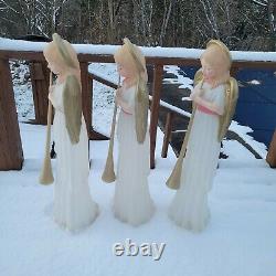 3 Vintage Blow Mold Angels with Trumpets Horn Outdoor Christmas Decor 34 Tall