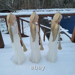 3 Vintage Blow Mold Angels with Trumpets Horn Outdoor Christmas Decor 34 Tall