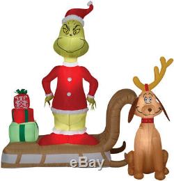 6 Ft GRINCH AND MAX ON SLED Christmas Airblown Lighted Yard Inflatable PRESENTS