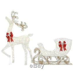 60 in. Life Size White Christmas Deer with Sleigh Yard Decoration with LED Light