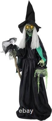 6ft Life Size Animatronic Talking Witch Cauldron Broom Light Up Halloween Prop