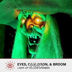 6ft Life Size Animatronic Talking Witch Cauldron Broom Light Up Halloween Prop