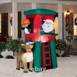 7' GEMMY SANTA & PENGUIN IN DEER STAND Airblown Lighted Yard Inflatable