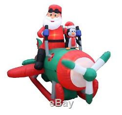 8 Foot Wide Christmas Inflatable Animated Santa Flying Airplane Penguins Decor
