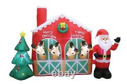 9 Foot Long Christmas Inflatable Santa Claus Reindeer in Stable Tree Decoration