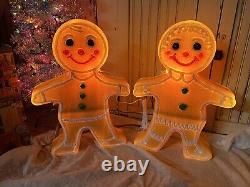Blow Mold Gingerbread Girl Boy Figures Colored Icing Don Featherstone PAIR