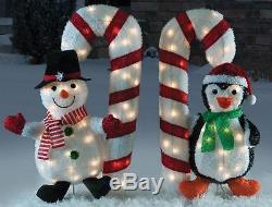 CHRISTMAS 32' Candy Cane Snowman & Penguin SANTA HAT & SCARF TINSEL LIGHTED YAR