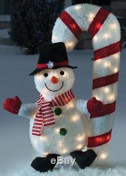 CHRISTMAS 32' Candy Cane Snowman & Penguin SANTA HAT & SCARF TINSEL LIGHTED YAR