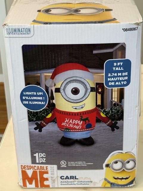 Christmas Gemmy 9 Ft Tall Light Up Minion Stuart Happy Holidays Inflatable Euc