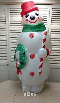 Christmas Snowman With Wreath & Cane Blow Mold-VTG-46 Ht. With Cord