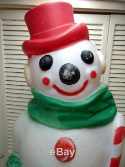 Christmas Snowman With Wreath & Cane Blow Mold-VTG-46 Ht. With Cord