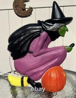 Don Featherstone Vintage Blowmold Purple Witch Riding Broom Light Halloween Deco