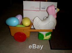 Easter Blow Mold Lighted Mother Hen with Chick pulling cart color eggs blow mold