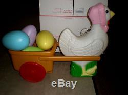 Easter Blow Mold Lighted Mother Hen with Chick pulling cart color eggs blow mold