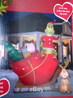 Gemmy Christmas Airblown Inflatable Grinch In Sleigh With Max Lighted Blow Up