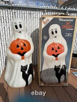 Halloween 34 Lighted Blow Mold Ghost with Black Cat Pumpkin Vintage Empire