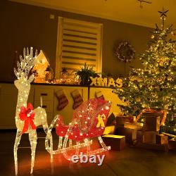 LED Christmas Golden Elk Deer +Red Sled Statue Set Glowing Garden Decoration US