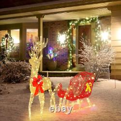 LED Christmas Golden Elk Deer +Red Sled Statue Set Glowing Garden Decoration US