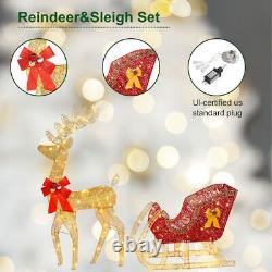 LED Christmas Golden Elk Deer +Red Sled Statue Set Glowing Garden Decoration US