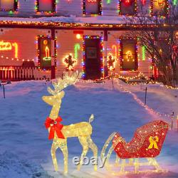 LED Christmas Golden Elk Deer +Red Sled Statue Set Glowing Garden Decoration US