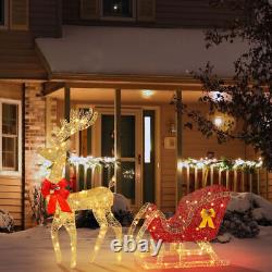 LED Christmas Golden Elk Deer +Red Sled Statue Set Glowing Garden Decoration US