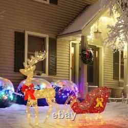 LED Christmas Golden Elk Deer +Red Sled Statue Set Glowing Garden Decoration US