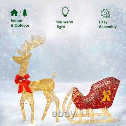 LED Christmas Golden Elk Deer +Red Sled Statue Set Glowing Garden Decoration US