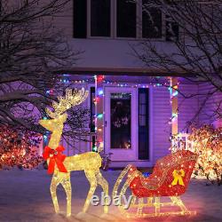 LED Christmas Golden Elk Deer +Red Sled Statue Set Glowing Garden Decoration US