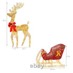 LED Christmas Golden Elk Deer +Red Sled Statue Set Glowing Garden Decoration US