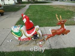 Large Santa w Sleigh and Reindeer Christmas Blow Mold Plastic GENERAL FOAM USA