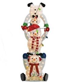 Life Size 65 Christmas Snowman Trio Fluffy Tinsel Stack Led Lighted Yard Decor