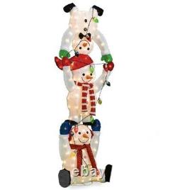 Life Size 65 Christmas Snowman Trio Fluffy Tinsel Stack Led Lighted Yard Decor