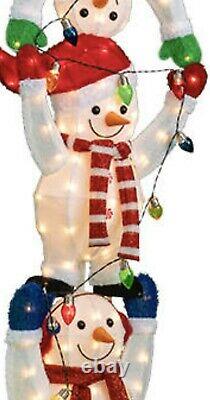 Life Size 65 Christmas Snowman Trio Fluffy Tinsel Stack Led Lighted Yard Decor